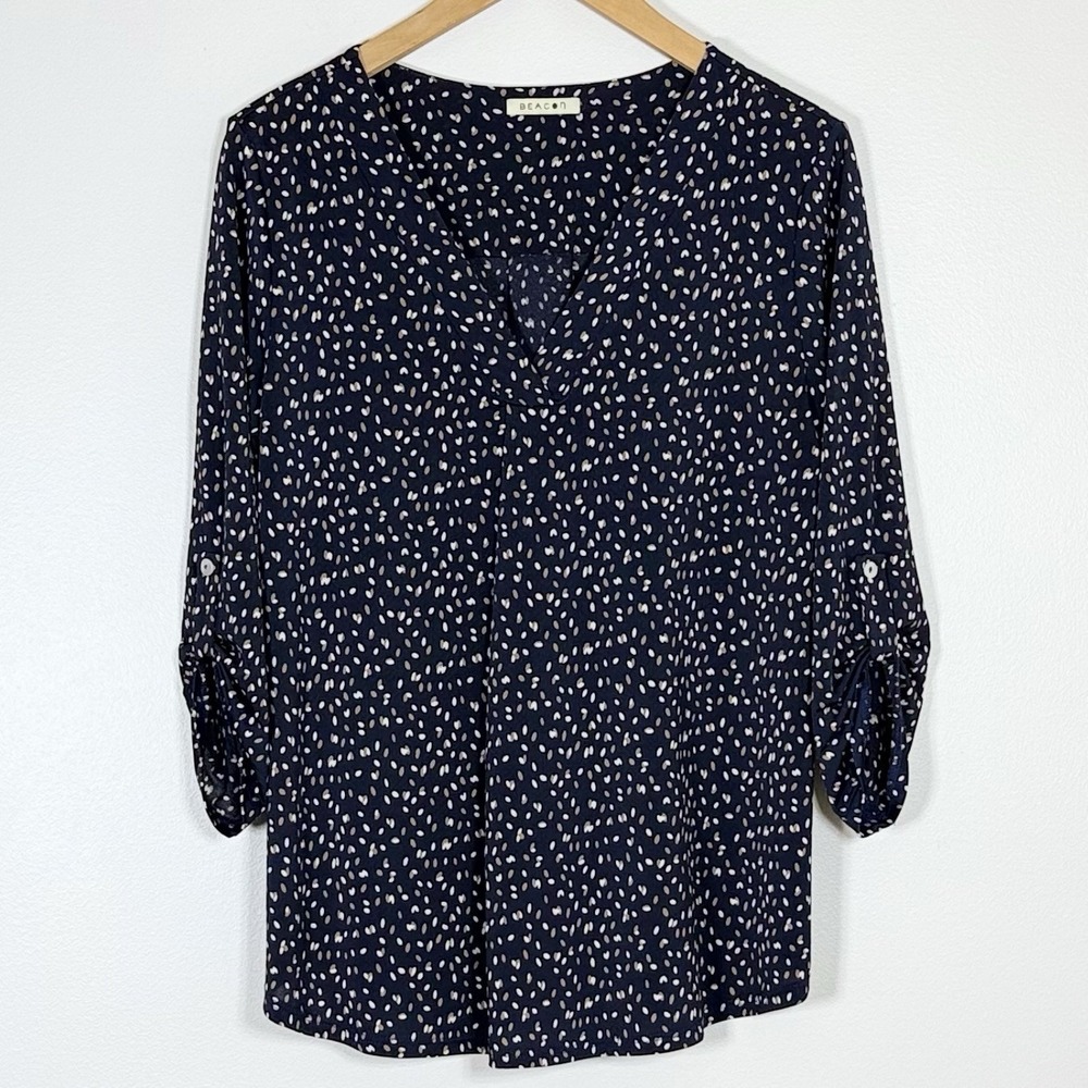 Beacon Womens Blouse Top M Navy Blue Made USA 3/4 Roll Tab Sleeves Office Casual